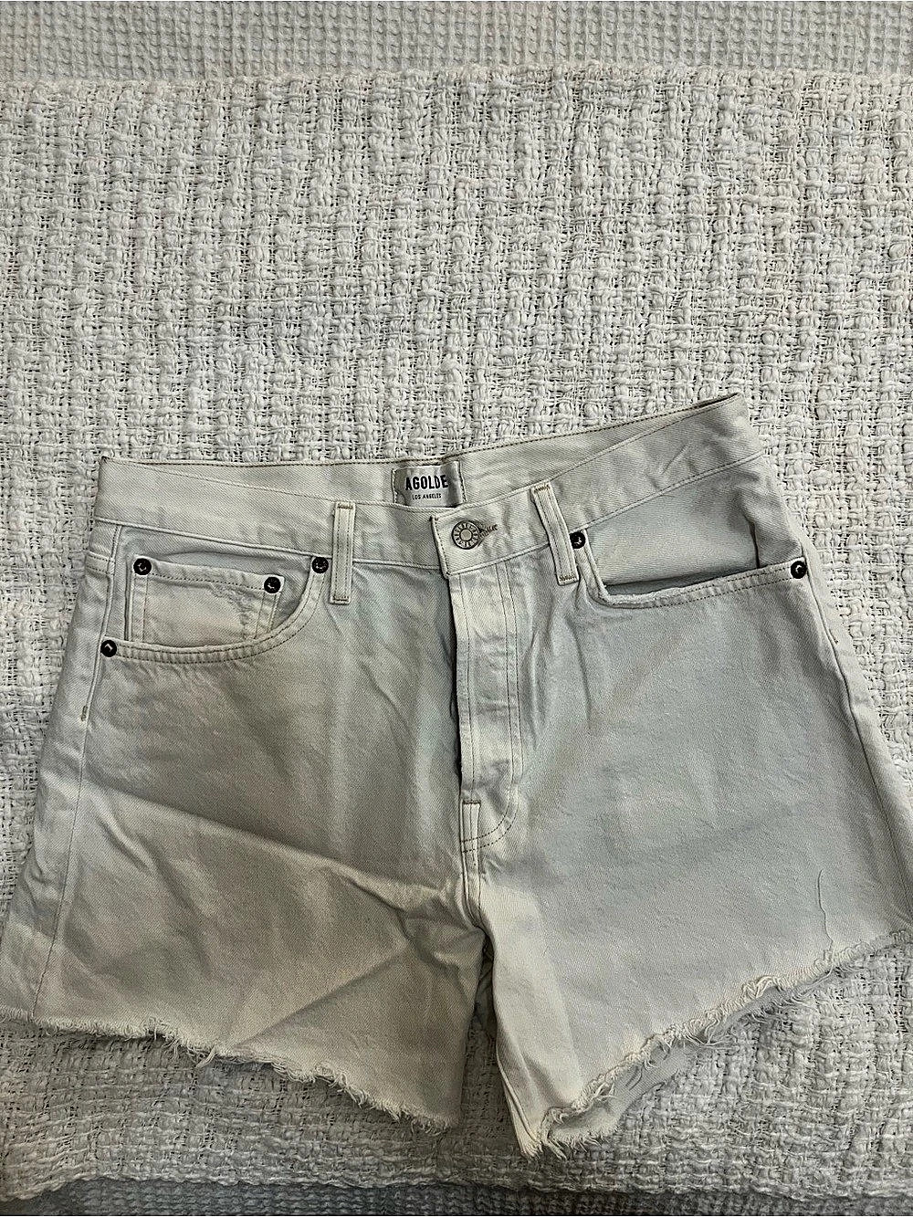 AGOLDE Parker Long Denim Cutoff Shorts in White Waist 28